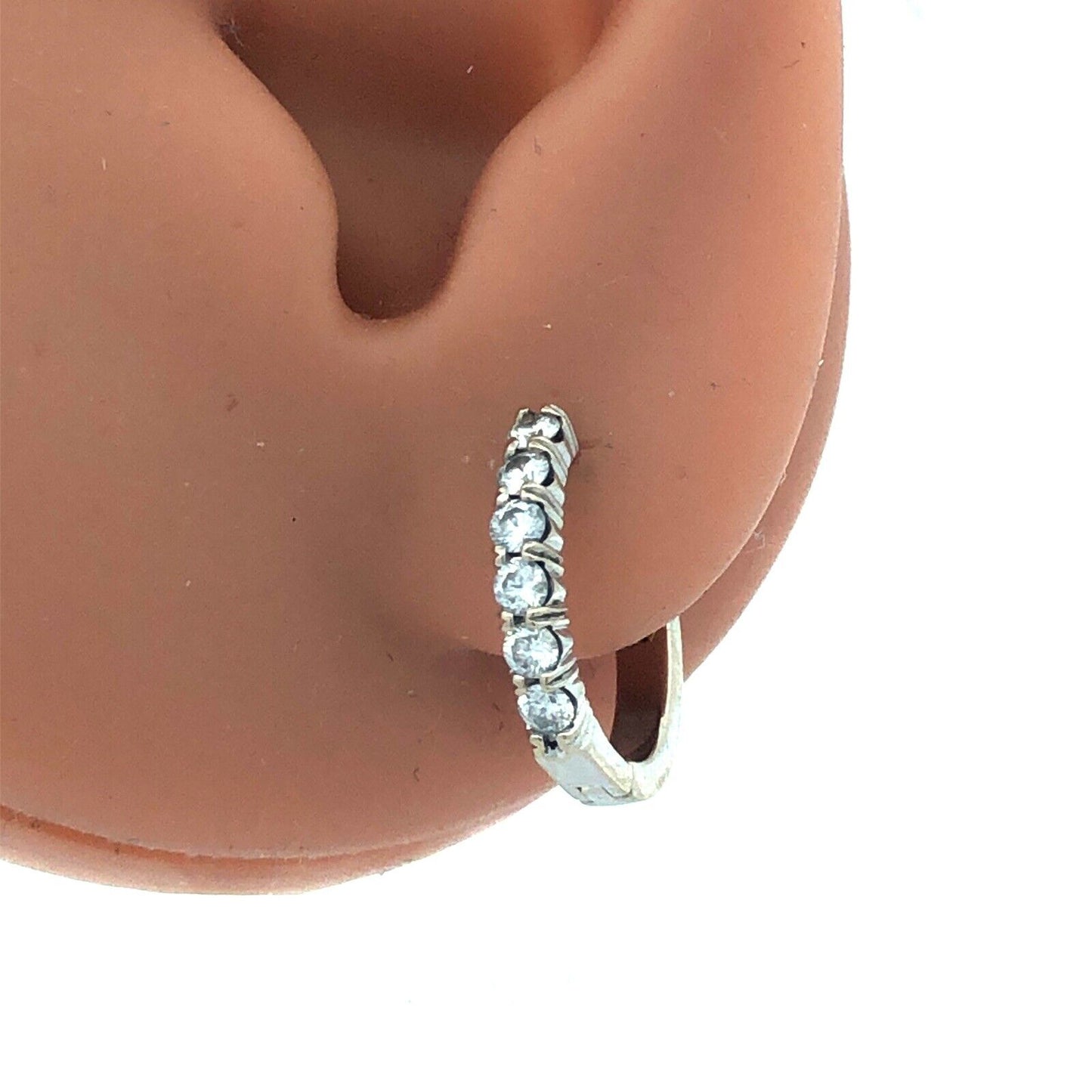 14K White Gold Round Diamond Hinged Huggie Hoop Earrings