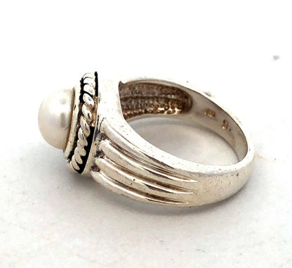 Designer AN 925 Sterling Silver Round White Pearl Solitaire Ring