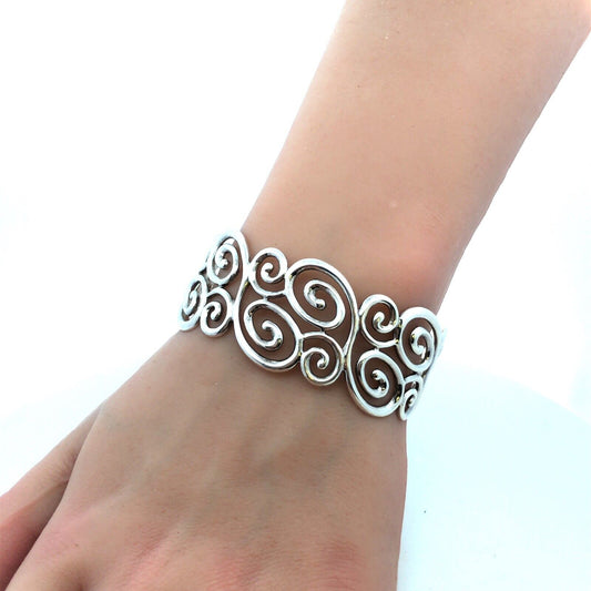Designer 925 Sterling Silver Swirl Scroll Wide Oval Open Cuff Statement Bracelet