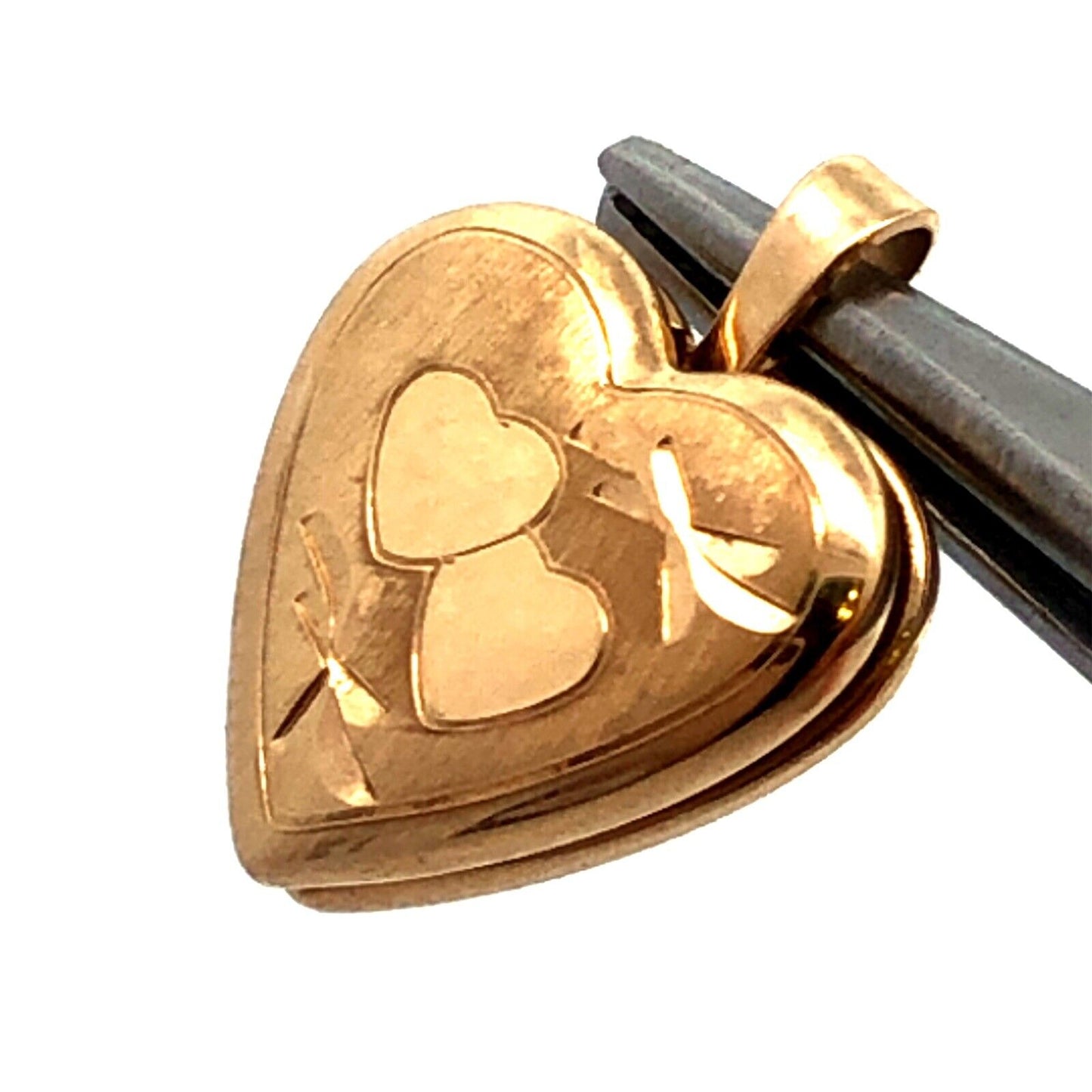Designer PPC 14K Yellow Gold Heart Ribbon Bow Engraved Photo Locket Pendant