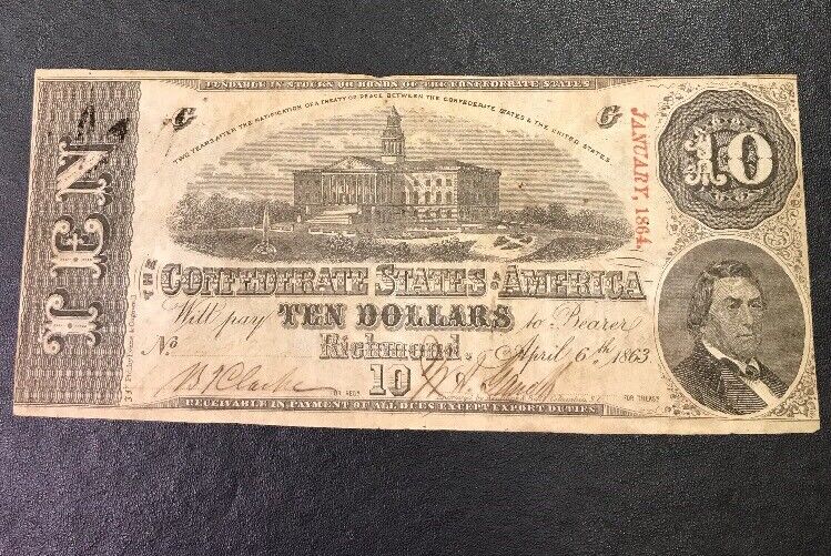 1863 $10 Ten Confederate States of America April 6 Richmond Civil War Era Note