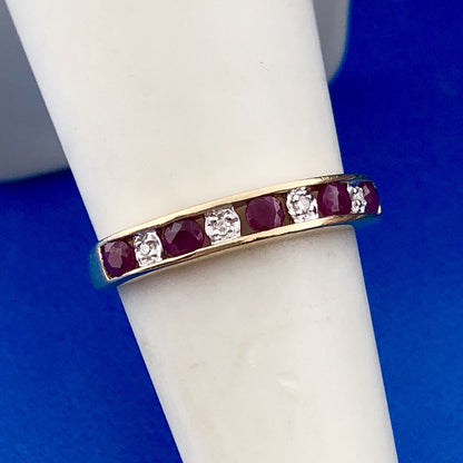Classic 10K Yellow Gold Ruby Diamond Bridal Anniversary Birth Stone Band Ring