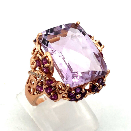 Designer 14K Yellow Gold Amethyst Pink Tourmaline Diamond Statement Floral Ring