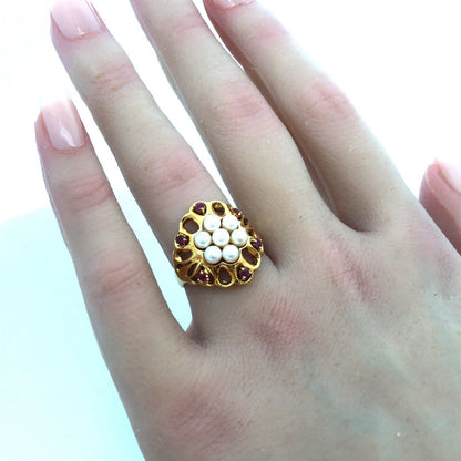 Vintage 18k Yellow Gold Pearl Cluster Ring with Ruby Accents