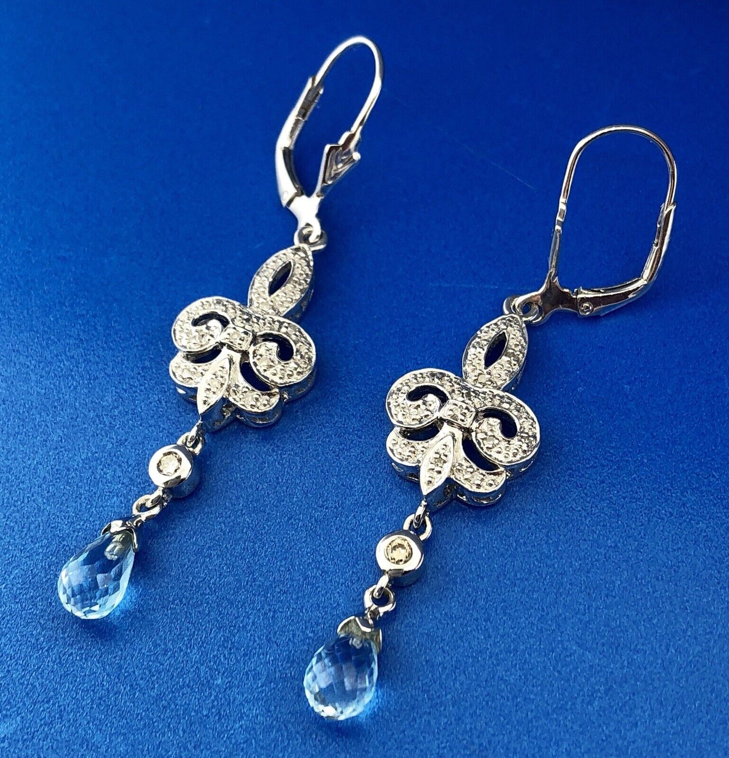 Designer EA Sterling Silver 925 Diamond Blue Topaz Fleur De Lis Drop Earrings