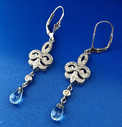 Designer EA Sterling Silver 925 Diamond Blue Topaz Fleur De Lis Drop Earrings