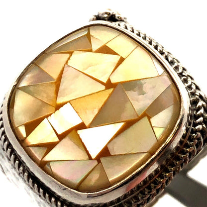 SARDA 925 Sterling Silver Mother of Pearl Mosaic Square Peaceful Heart Ring