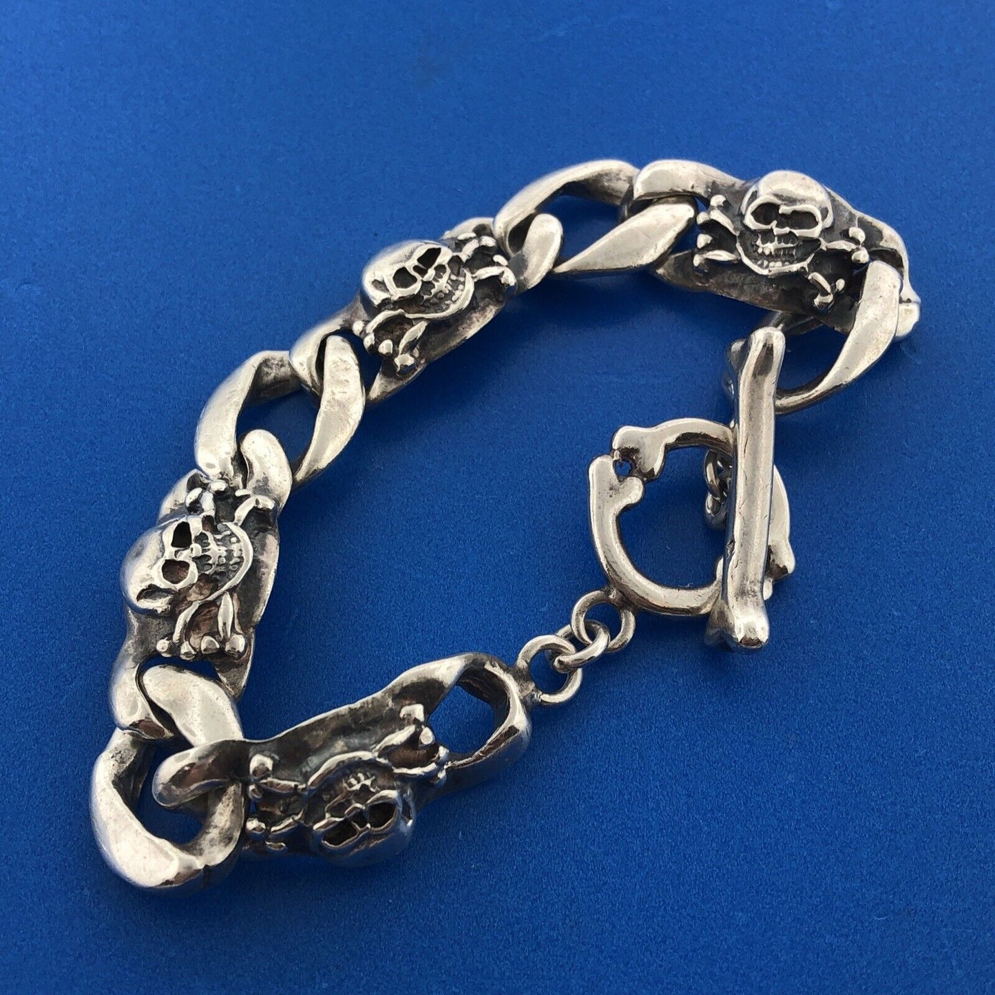 Unisex Sterling Silver 925 Skull Crossbones Biker Statement Bracelet S175