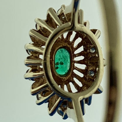 Vintage 14K Yellow Gold Oval Emerald Diamond Starburst Halo May Anniversary Ring