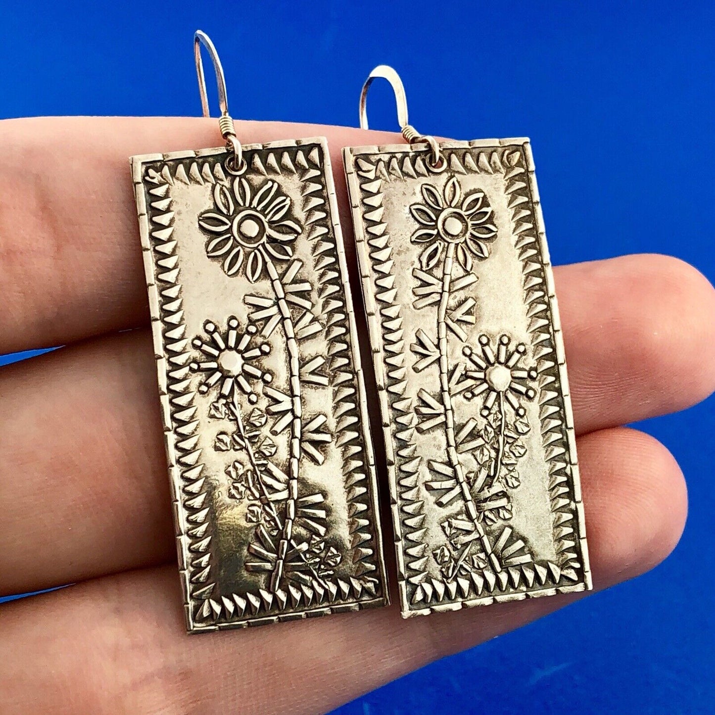 Artisan Brandon 925 Sterling Silver Floral Design Rectangle Drop Dangle Earrings