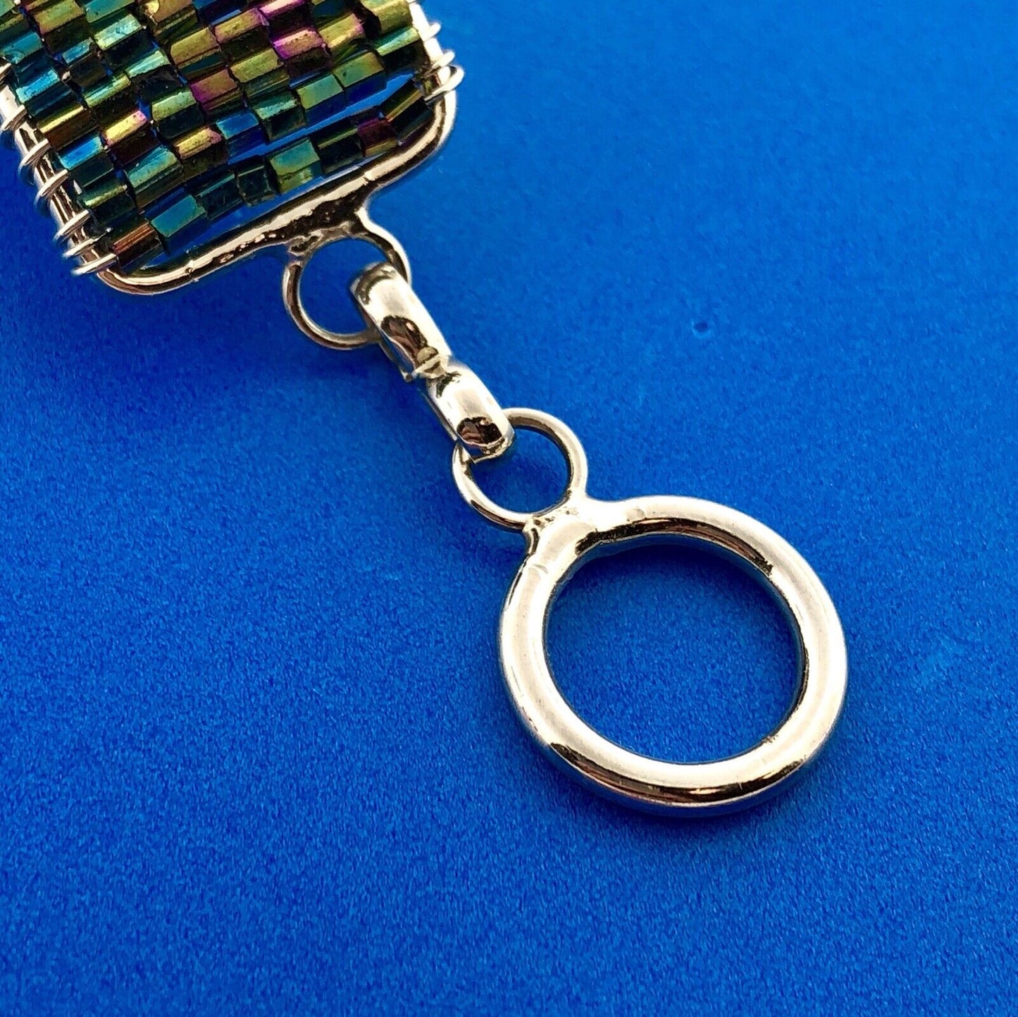 Artisan Silver Tone Iridescent Cylinder Bead Wire Wrapped Cross Toggle Bracelet