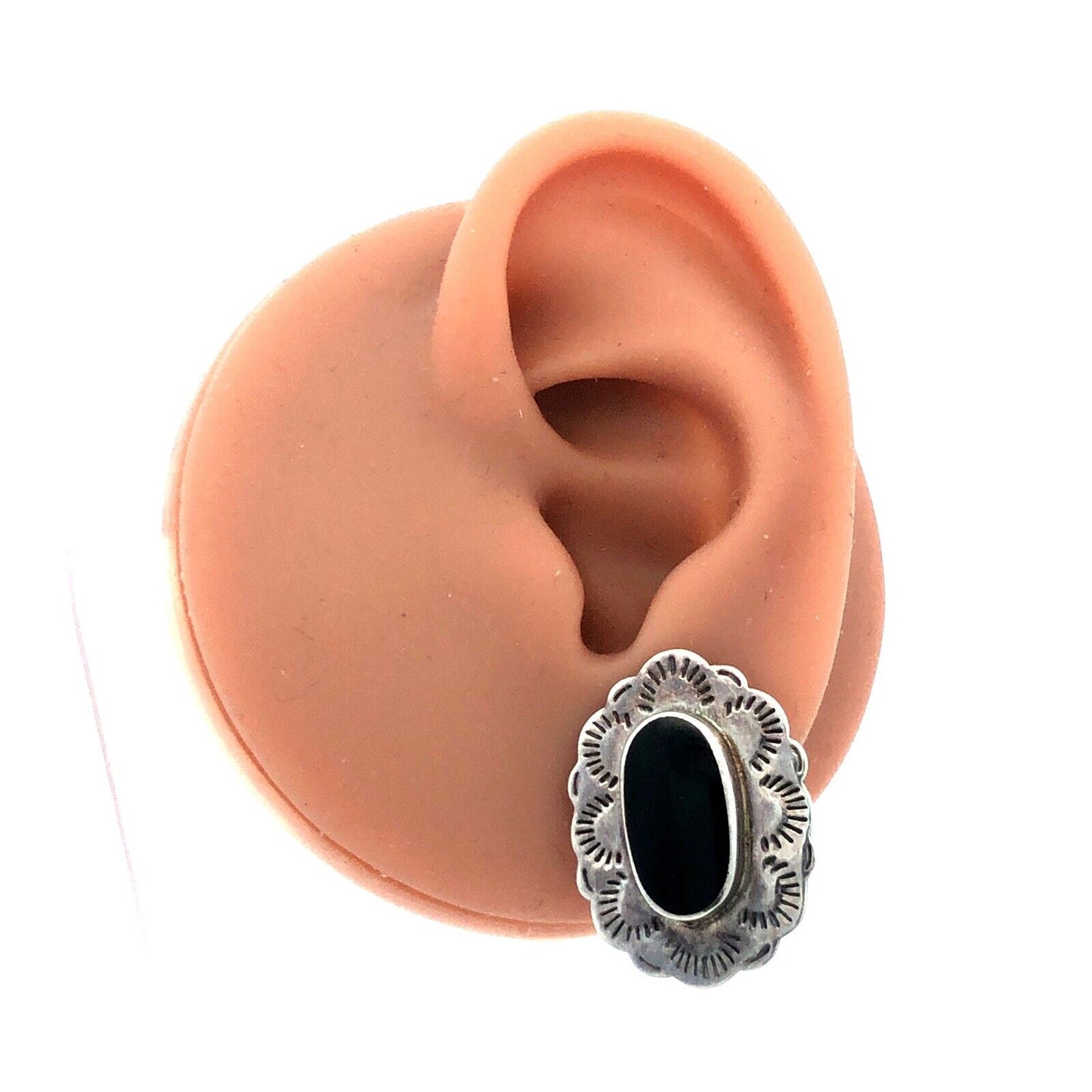 Native American Marked 925 Sterling Silver Oval Black Onyx Concho Stud Earrings
