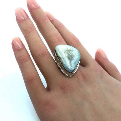 Designer IW India 925 Sterling Silver White Druzy Quartz Statement Ring