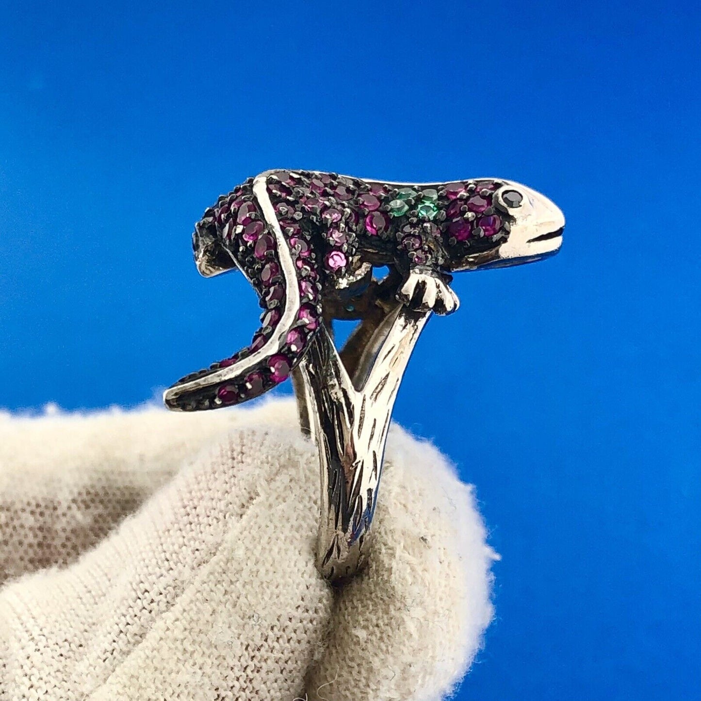 Unusual 925 Sterling Silver Ruby Emerald Gila Monster Lizard Statement Ring