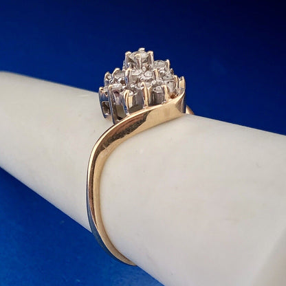 Retro 14K Yellow Gold Diamond Floral Cluster Bypass Engagement Bridal Ring