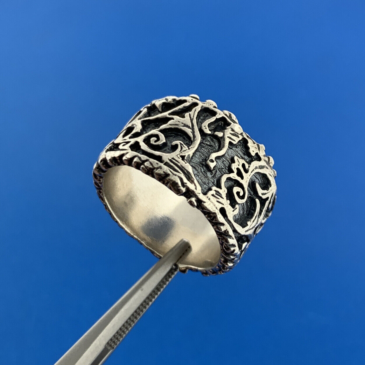 Israel Prodesso 925 Sterling Silver Leaf Vine Scroll Wide Cigar Band Ring