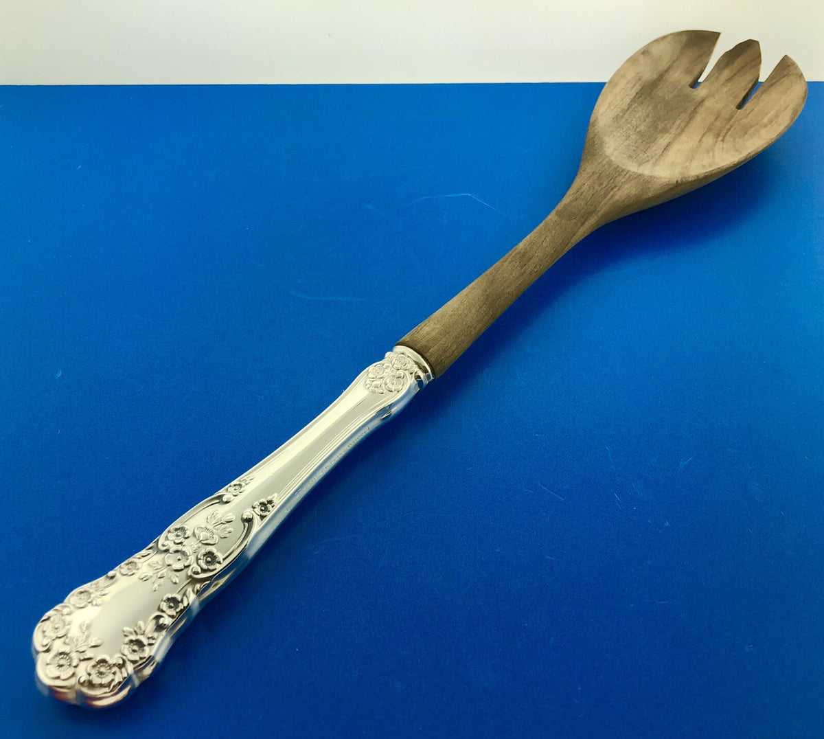 Gorham Buttercup 925 Sterling Silver Handle Salad Serving Wooden Spork 11"