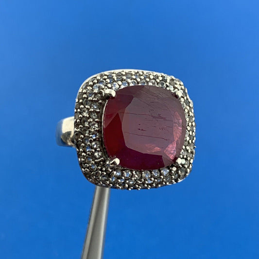 Vintage 925 Sterling Silver Ruby Solitaire Diamond Accented Cocktail Ring
