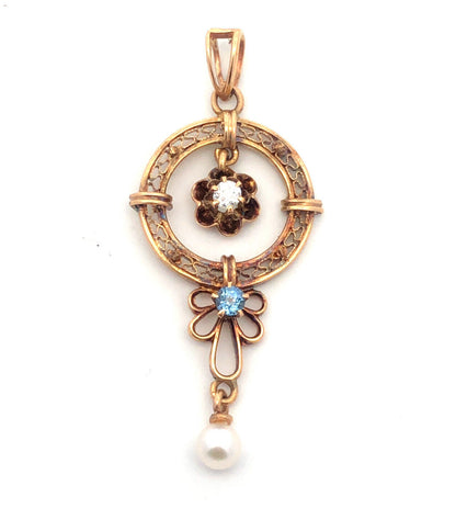 Art Nouveau 10K Yellow Gold Diamond Blue Topaz Pearl Drop Dangle Pendant