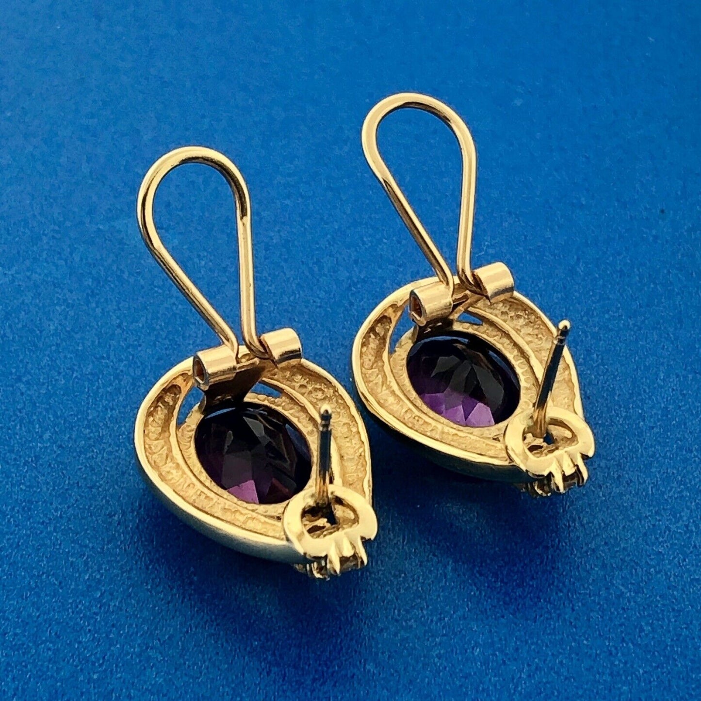 Estate 14K Yellow Gold Oval Amethyst Diamond February Anniversary Omega Earrings