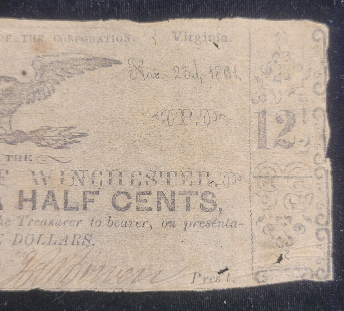 1861 12.5c Corporation of Winchester, Virginia Obsolete Currency Bank Note