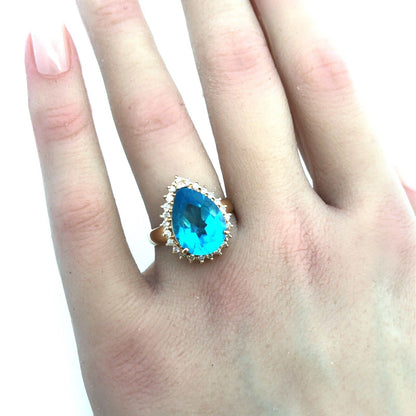 10K Yellow Gold Pear Blue Topaz Diamond Halo Statement Cocktail Ring
