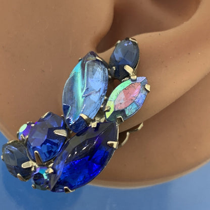 Mid Century Silver Tone Blue Aurora Borealis Rhinestone Brooch & Earrings Set