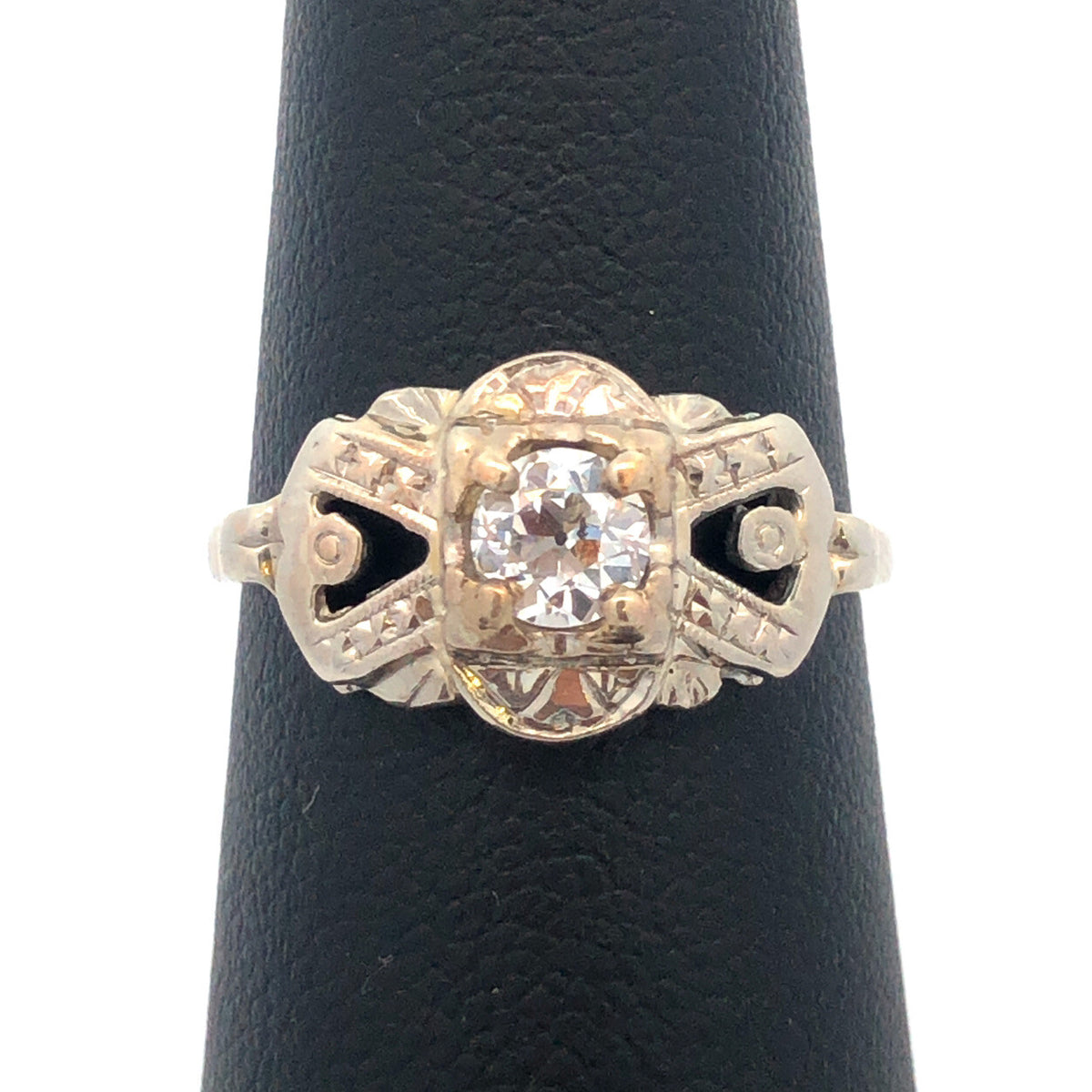 Art Deco 14K White Gold Diamond European Mine Cut Engagement Bridal Ring