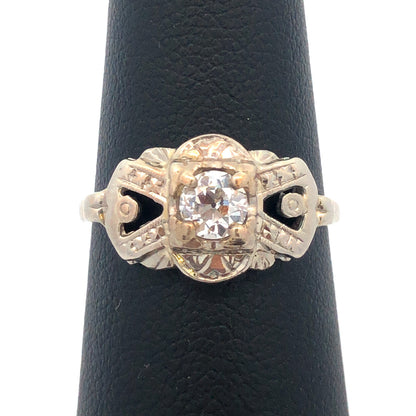 Art Deco 14K White Gold Diamond European Mine Cut Engagement Bridal Ring