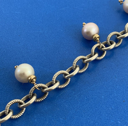 Estate 925 Sterling Silver 14K Gold Accented Pearl Charm Toggle Bracelet