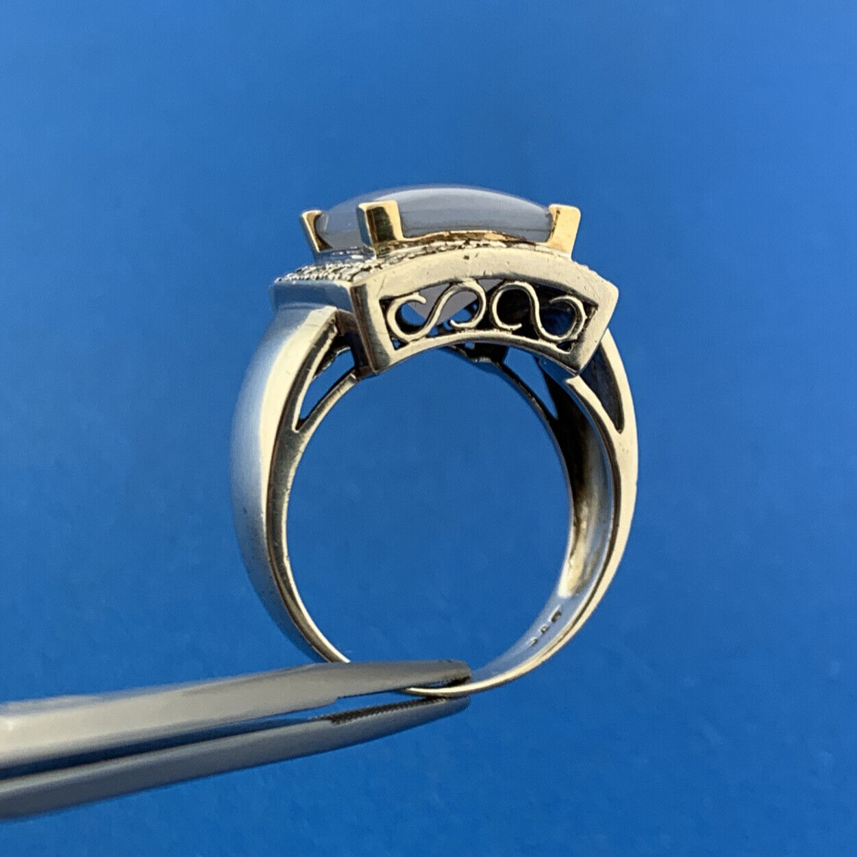 Designer BJC 925 Sterling Silver 14K Yellow Gold Chalcedony Diamond Halo Ring