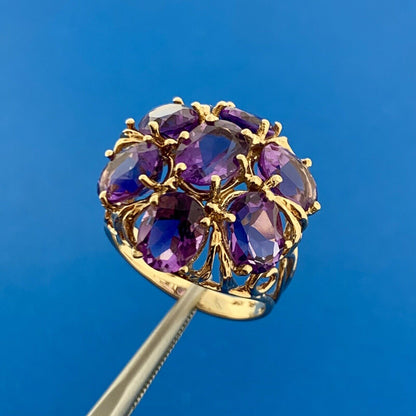 Gorgeous 10k Yellow Gold Oval Cut Amethyst Cluster Openwork Dome Ring Size 7.75