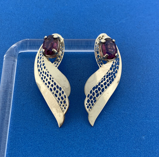 Stunning Silver Toned Oval Cut Purple Sparkling CZ Openwork Wing Stud Earrings