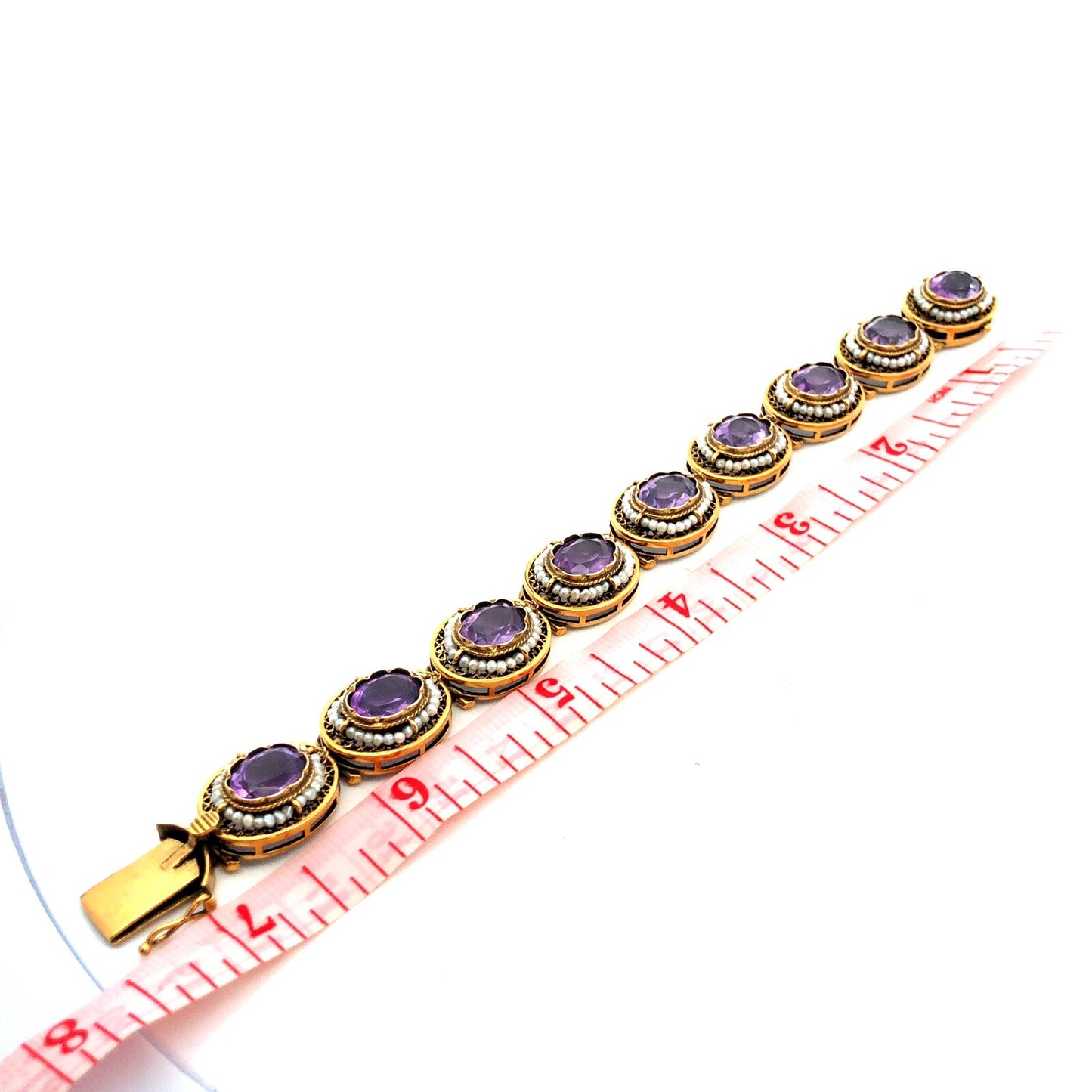 Vintage 14K Yellow Gold Oval Amethyst Seed Pearl Filigree Panel Bracelet