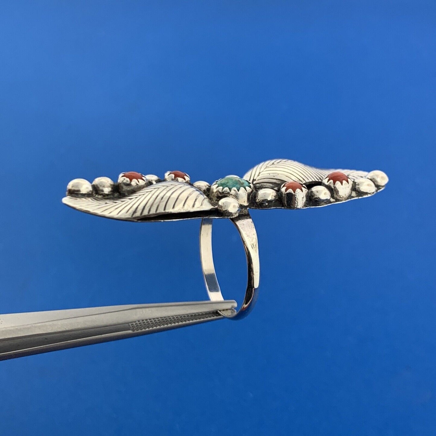 Lovely Sterling Silver 925 Cabochon Turquoise Coral Twin Leaf Finger Ring Size 8