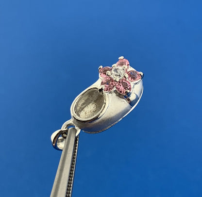 Silver Toned Round Pink White Sparkling CZ Child's Floral Shoe Dangle Pendant
