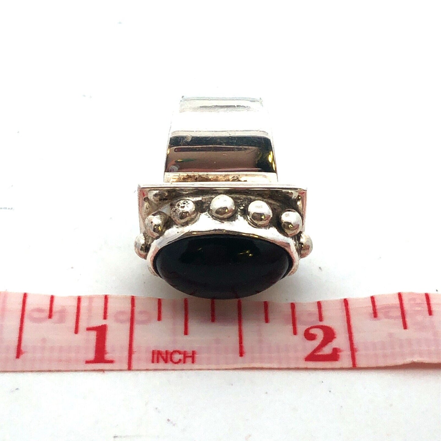 Vintage 925 Sterling Silver Oval Black Onyx Beaded Detail Statement Ring