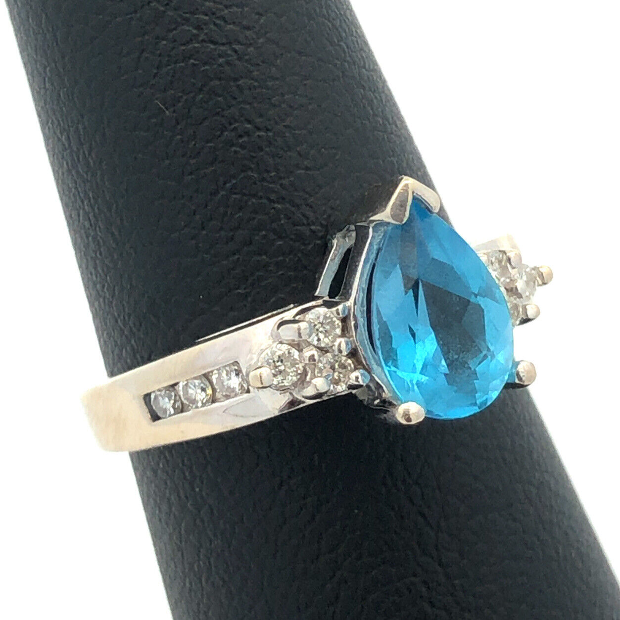 Designer 14K White Gold Pear Blue Topaz Round Diamond Engagement Size 7 Ring