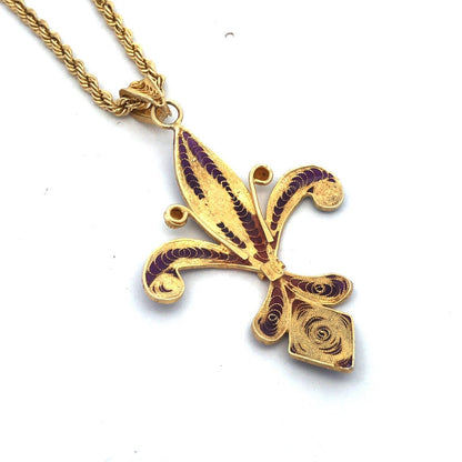 Milor 925 Sterling Silver Vermeil Purple Enamel Fleur De Lis Adjustable Necklace