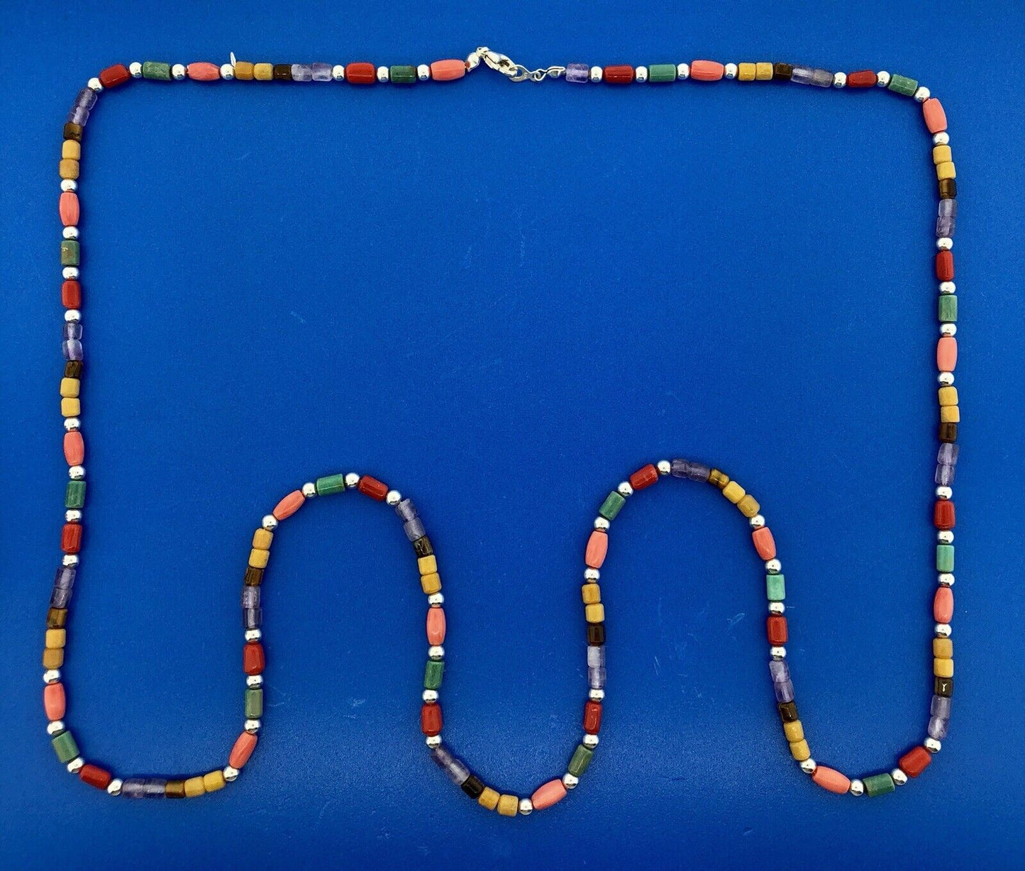 Designer Sterling Silver Turquoise Coral Amethyst Japser Tigers Eye Necklace