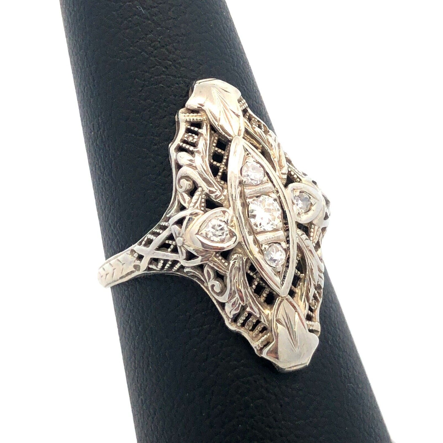 Art Nouveau Art Deco 18K White Gold Diamond Filigree Statement Finger Ring