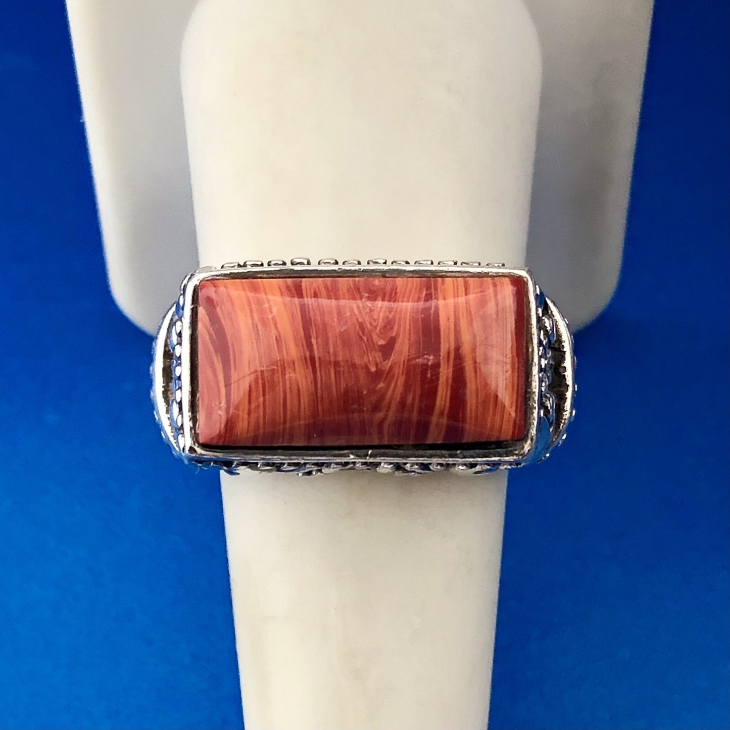 Sterling Silver 925 Red Banded Jasper Scroll Bead Work Statement Bar Dome Ring