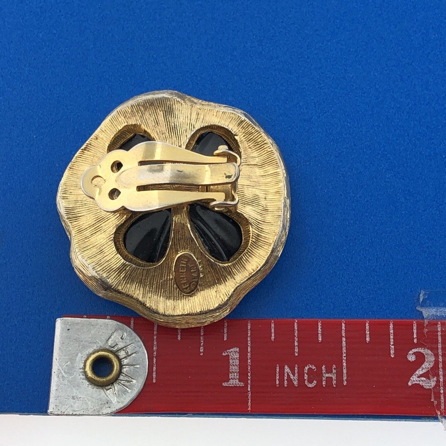 Designer Kenneth Lane Gold Toned Black Resin Floral Clip-On Earrings