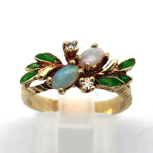 Vintage 14K Yellow Gold Opal and Diamond Accent Green Enamel Leaf Design Ring