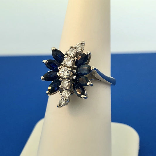 Vintage 14K White Gold Diamond Sapphire Waterfall September Anniversary Ring