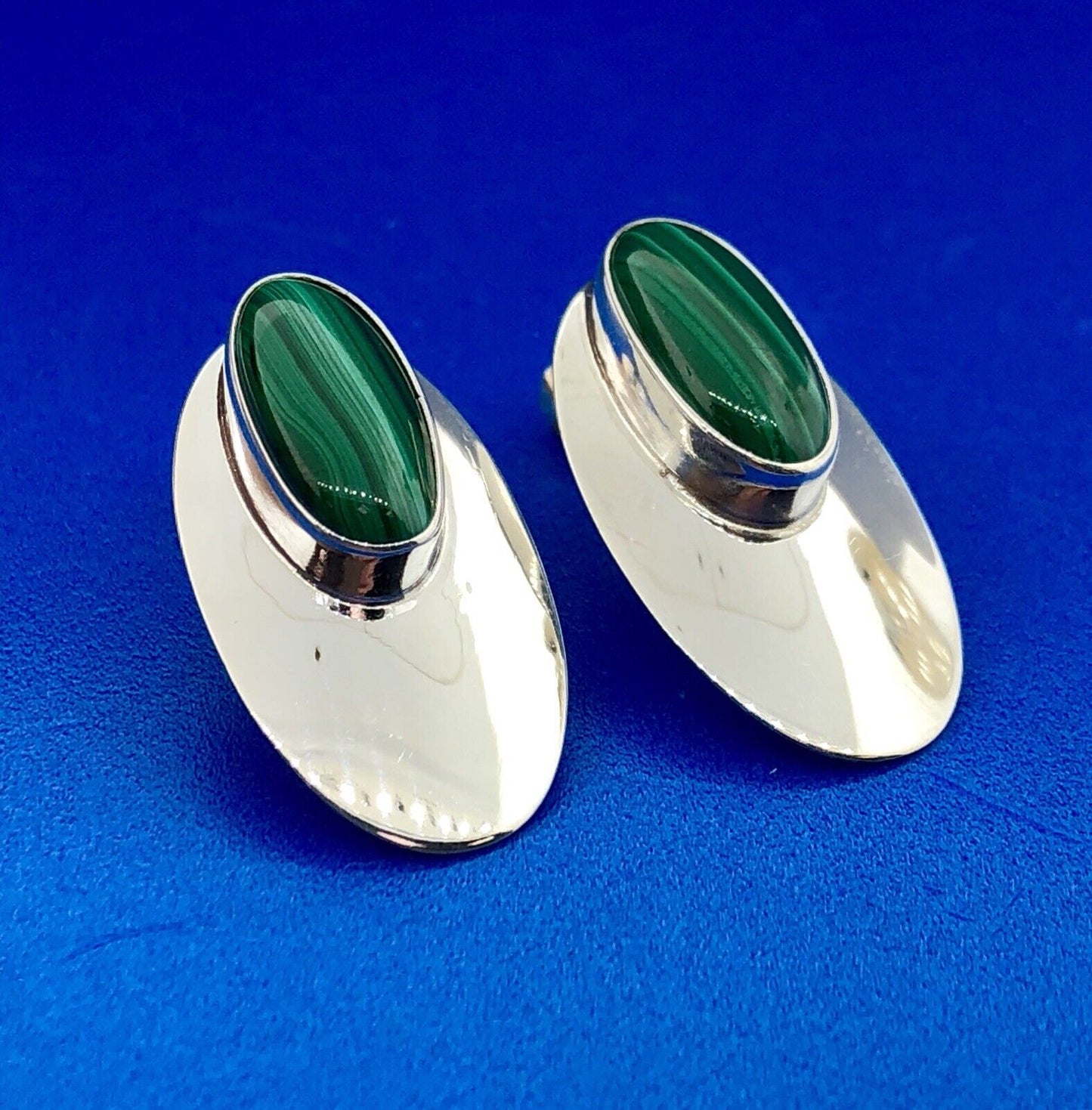 Vintage Sterling Silver 925 Oval Malachite Cabochon Elongated Stud Earrings