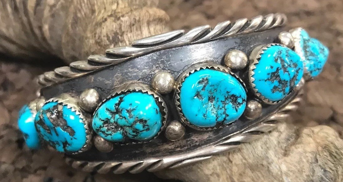 Navajo Clem Nalwood Sterling Silver 925 Turquoise Nugget Statement Cuff Bracelet