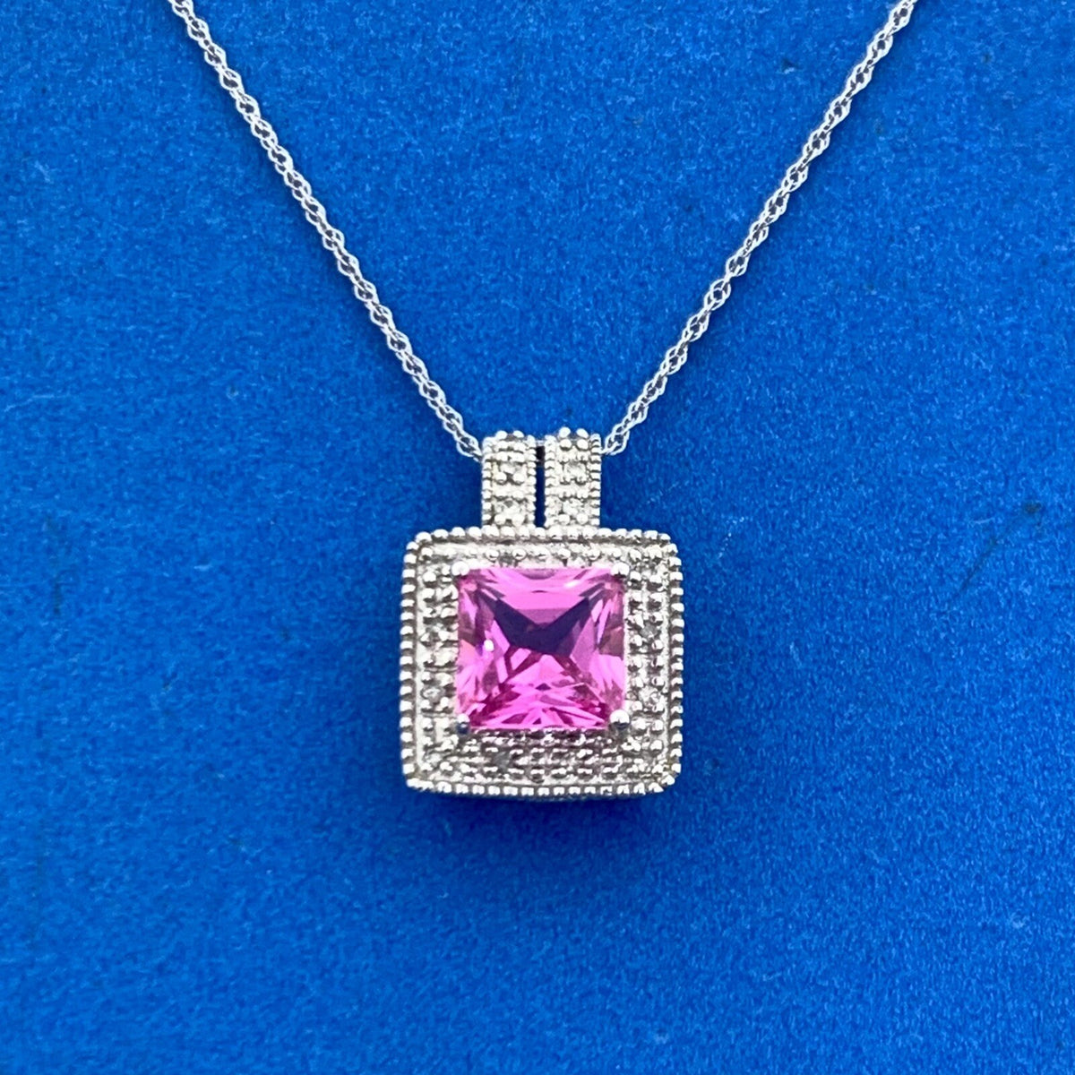 Designer 10K White Gold Princess Pink Sapphire Diamond Pendant Necklace