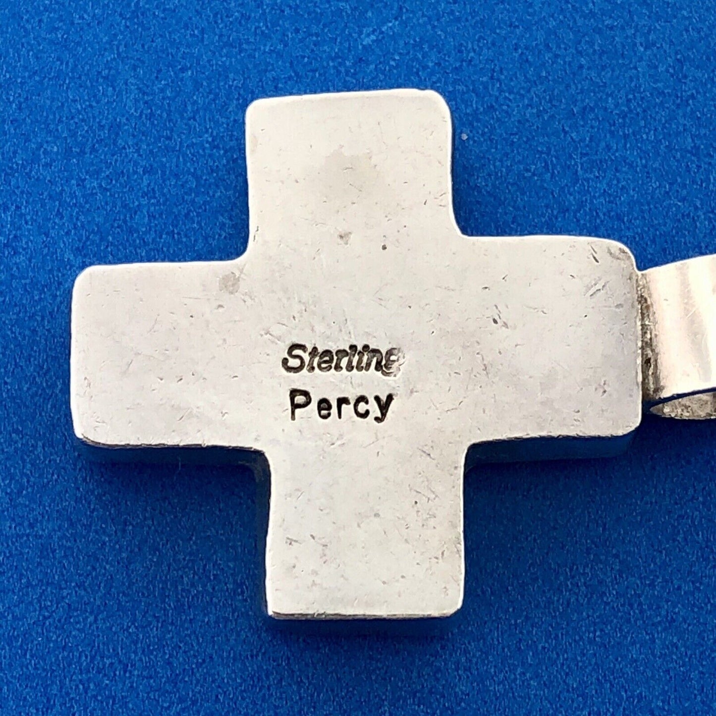 Native American Signed Sterling Silver Turquoise Black Onyx Jasper Cross Pendant