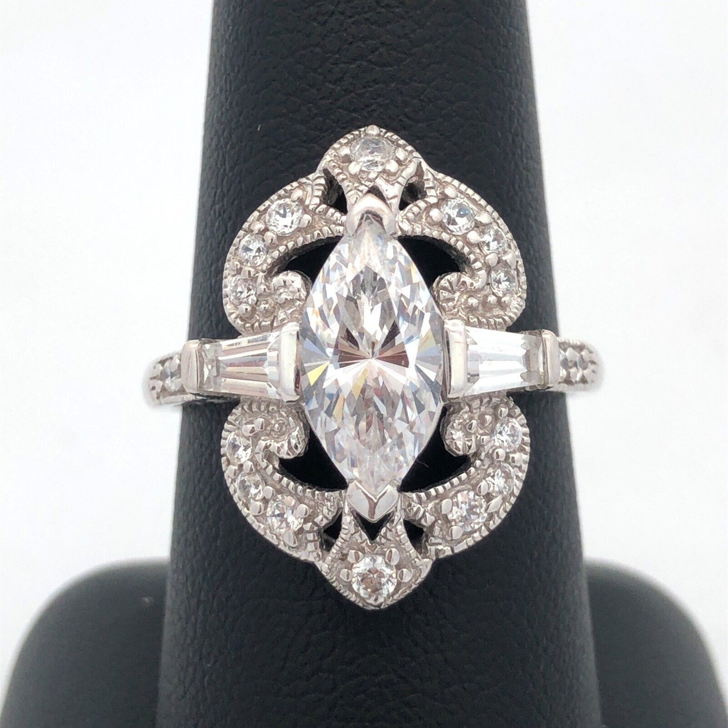 Designer MEDA 14K White Gold Cubic Zirconia Solitaire W/Accents Statement Ring